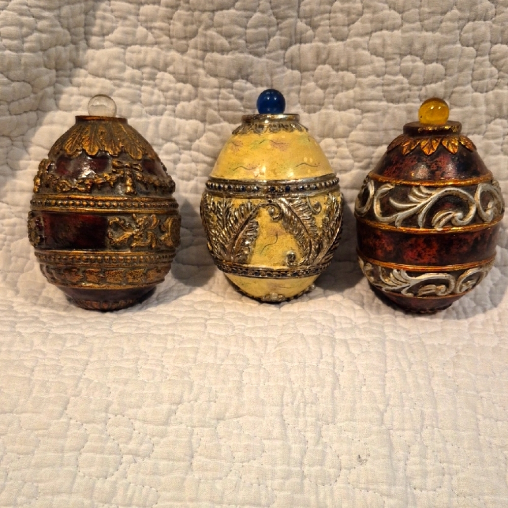 Decorative Ornate Egg Trio with Gold and Silver Accents